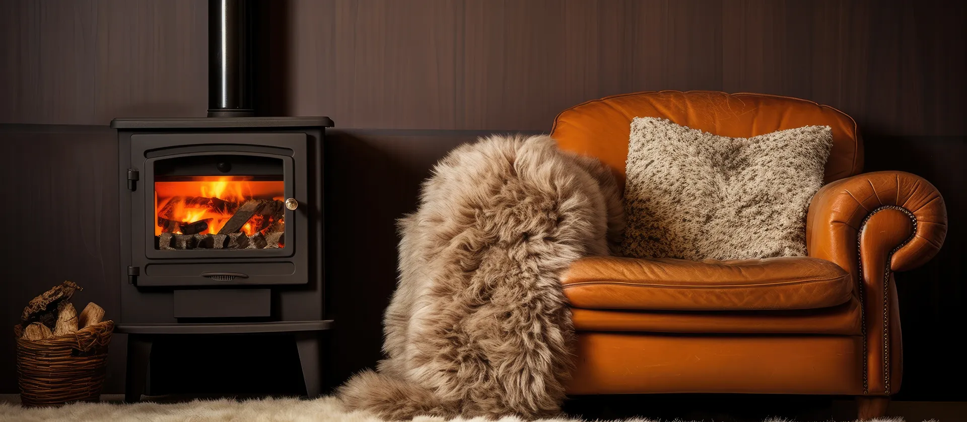 wood burning stove next to a comfy chair