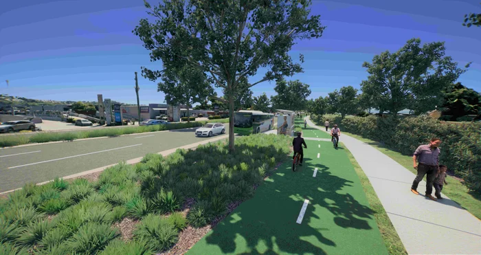 An artist's impression of the proposed Sugar Road and Maud Street upgrade with a walking and riding track, as well as a designated bus stop and landscaping.