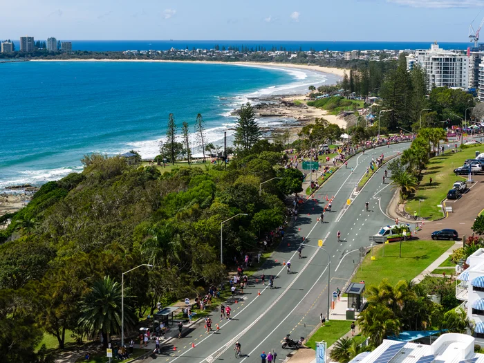 An aerial view of the run course looking towards Mooloolaba