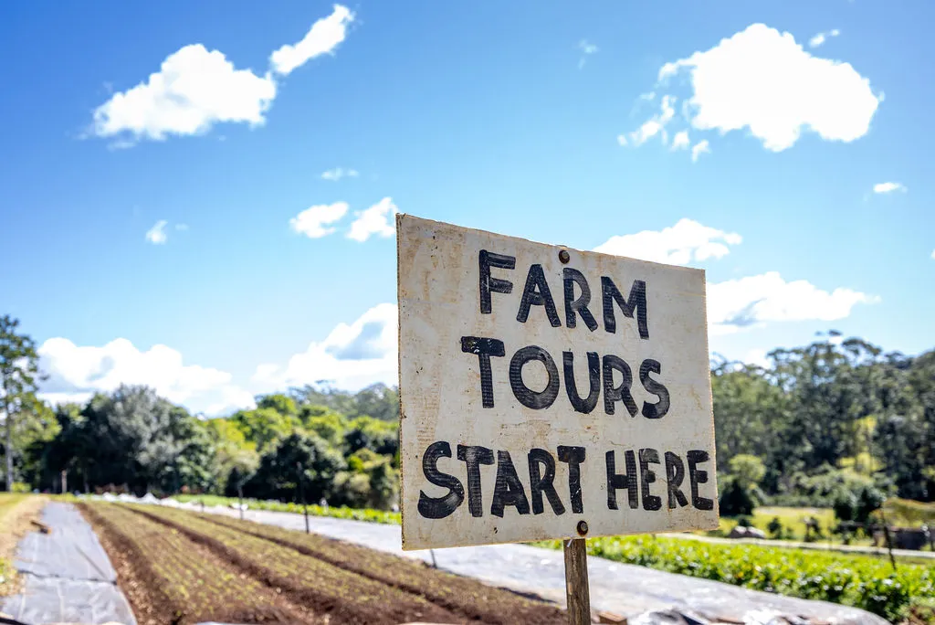 A sign that says Farm Tours start here - trees in the background, a crops either side.
