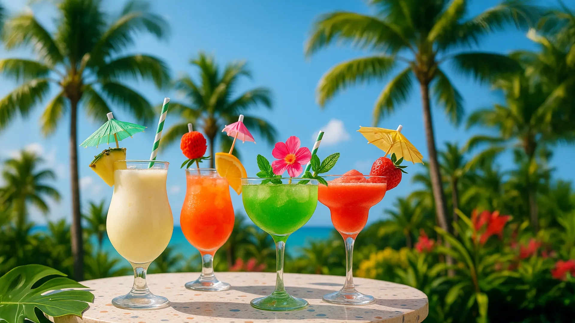 four colourful cocktails in glasses