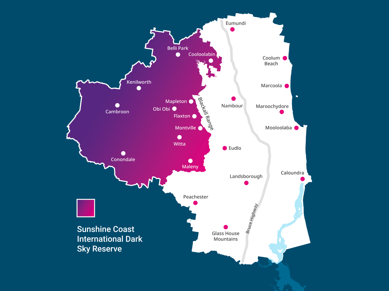 A map showing the boundaries of the Sunshine Coast International Dark Sky Reserve, covering the north western 40 per cent of the Sunshine Coast region.