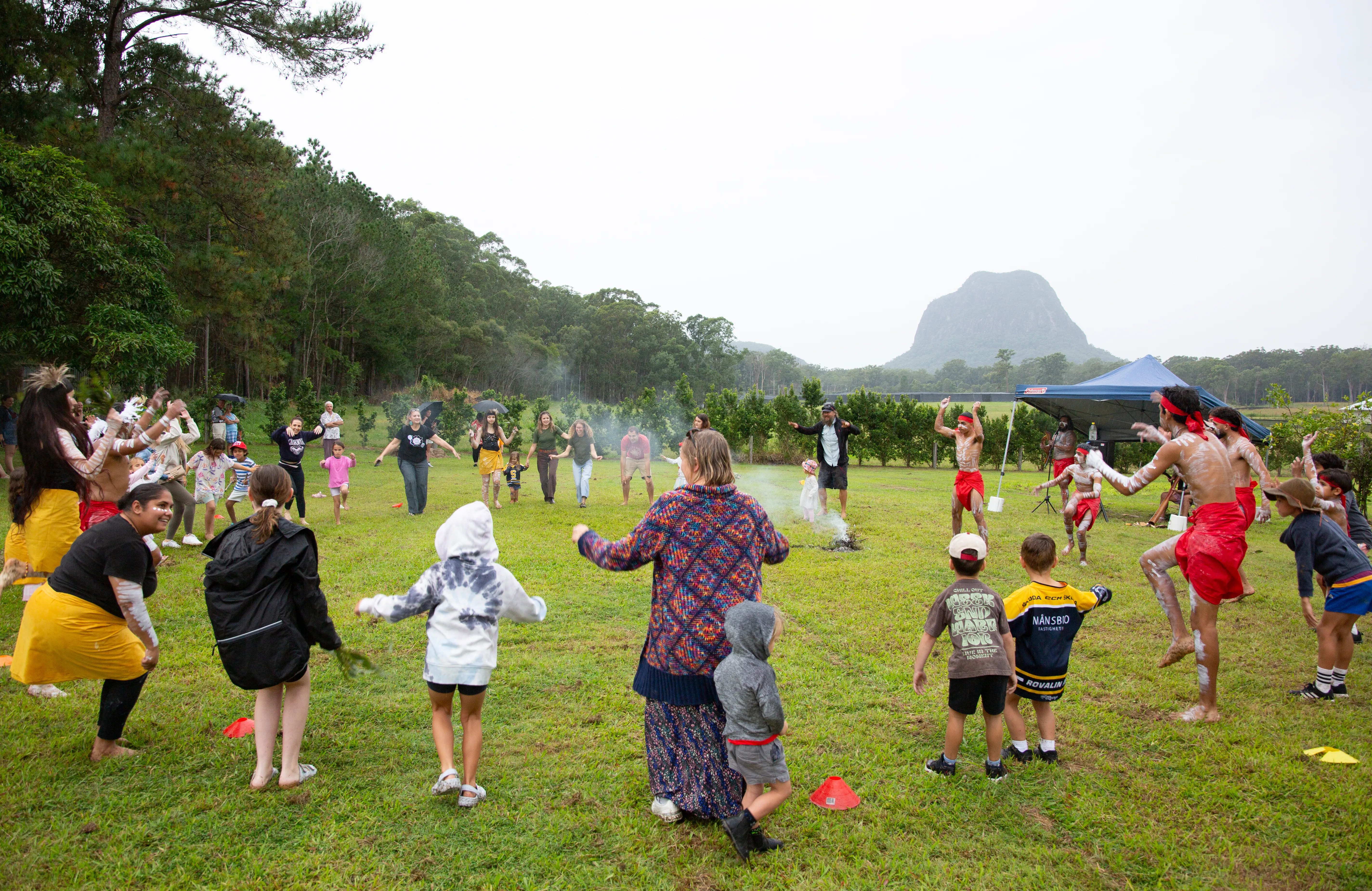 First Nations Family Fun Day at Bankfoot House - people dancing in the grounds