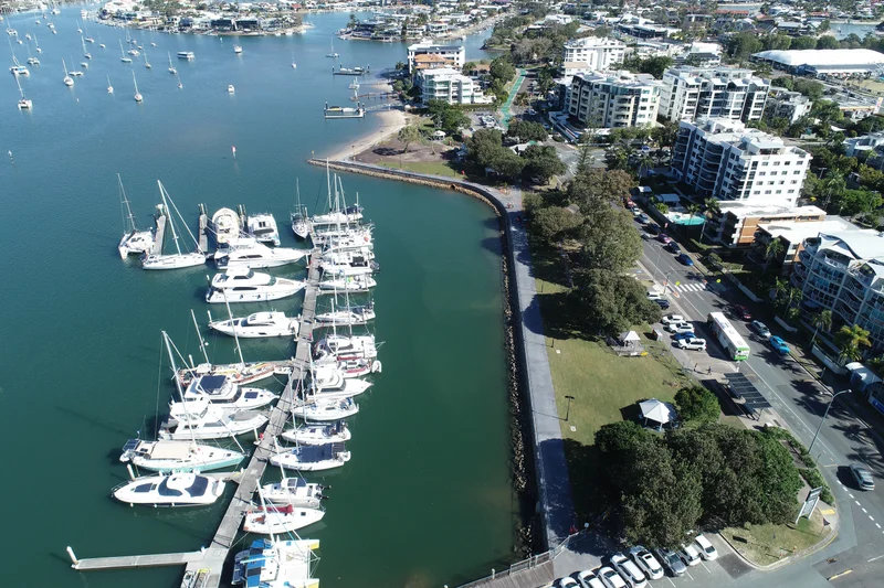 Aerial view of Charles Clarke Park, Mooloolaba and the new revetment wall.