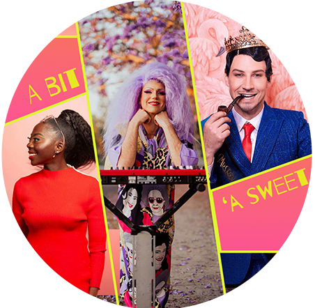 A promotion image in the shape of a circle with text A Bit 'A Sweet Cabaret' and three performers featured.