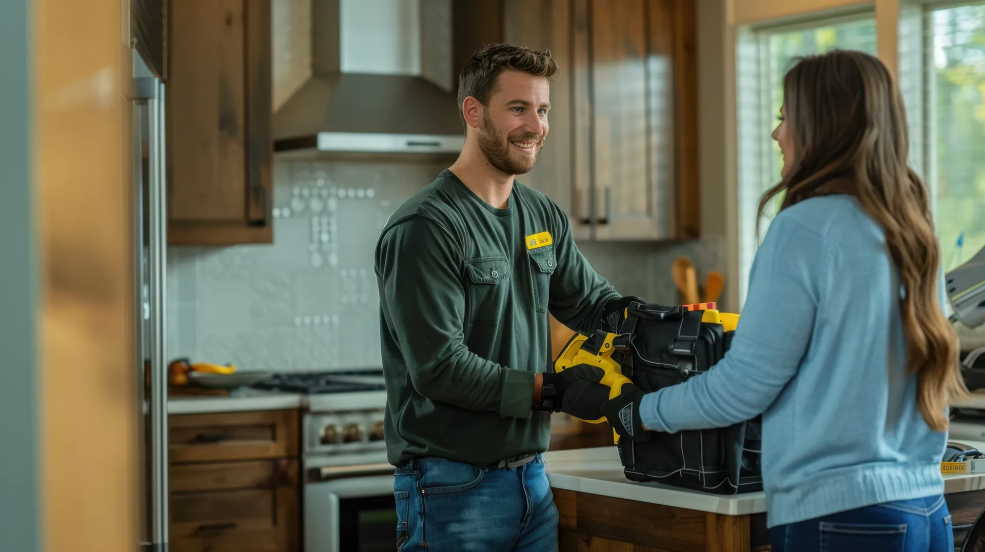 man and woman in a kitchen with a bag of tools