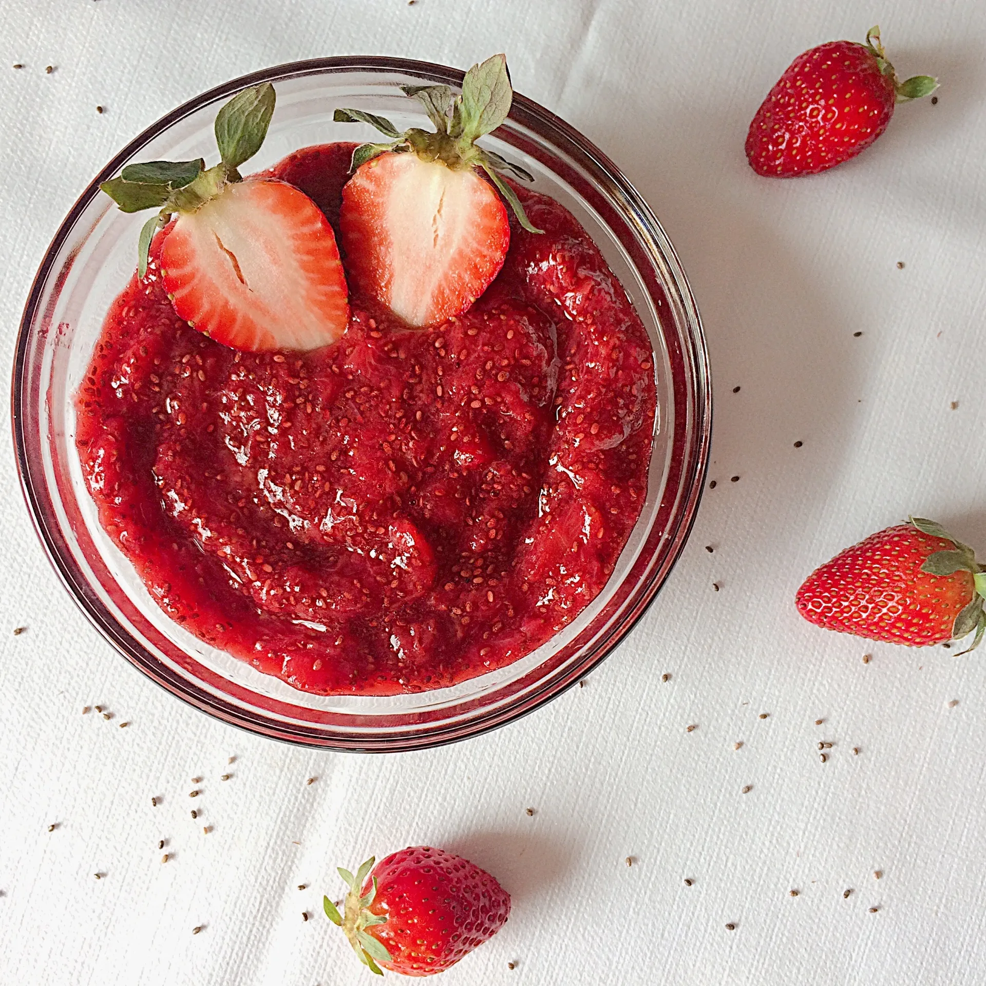 Strawberry chia jam in a glass jar 