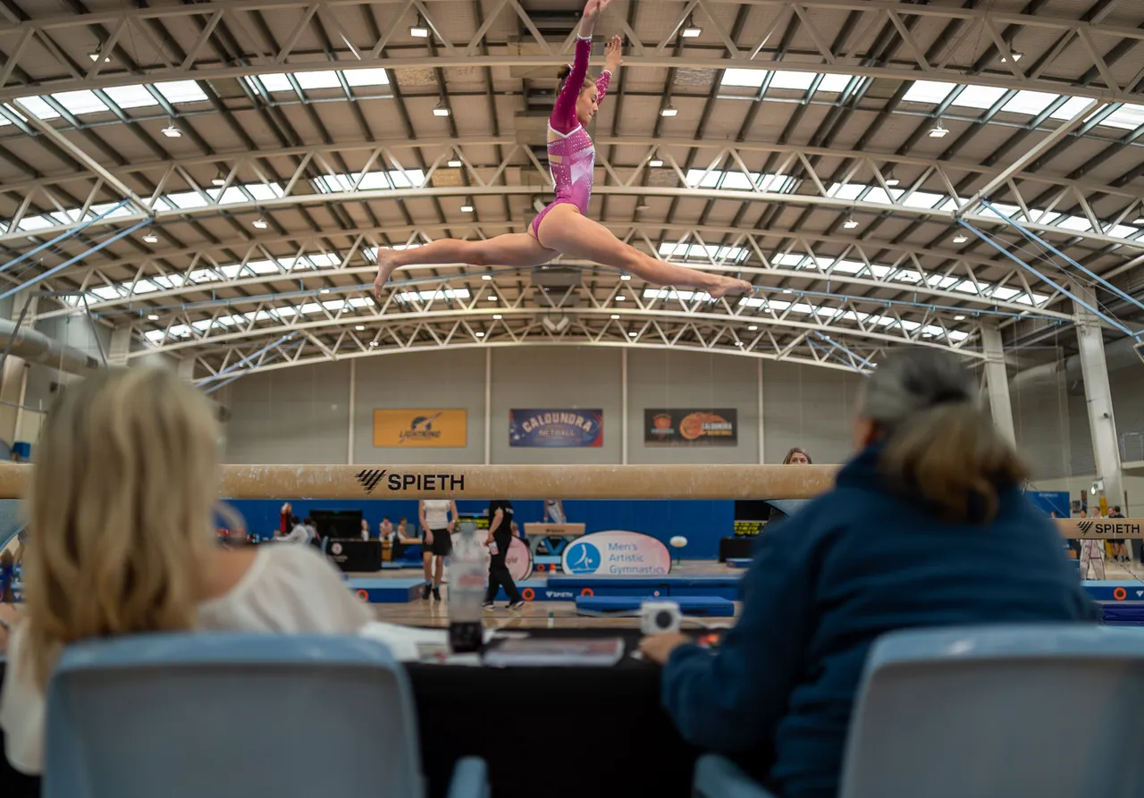 A gymnast in a pink leotard flying through the air (with the roofing behind) with two judges at the forefront of the photos.