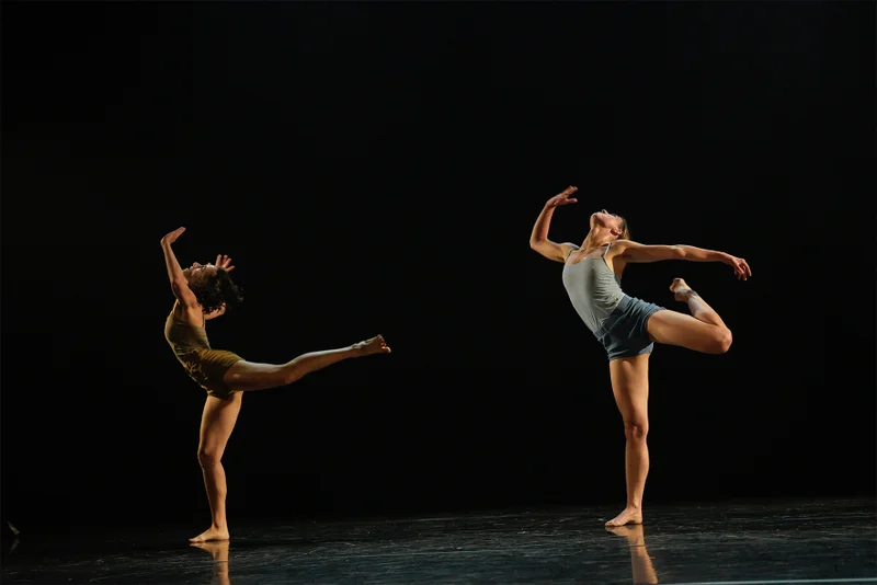 Two dancers with one leg grounded, one extended behind