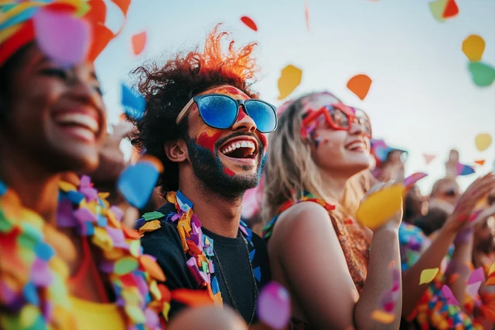 .A stock image of three people in a crowd looking up at something and lots of colourful confetti coming down around then