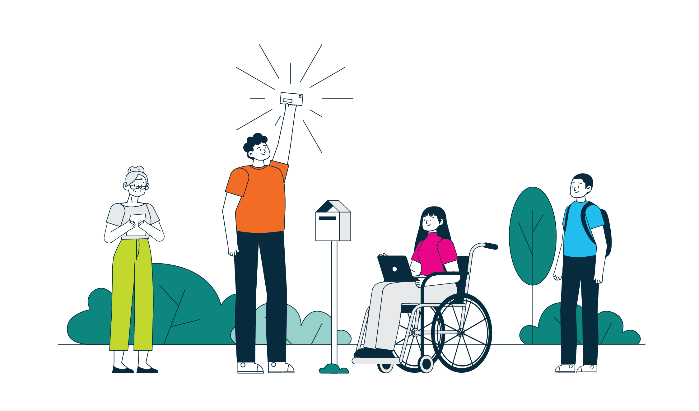 Four animated characters with a mailbox. One of the characters is holding up a letter.