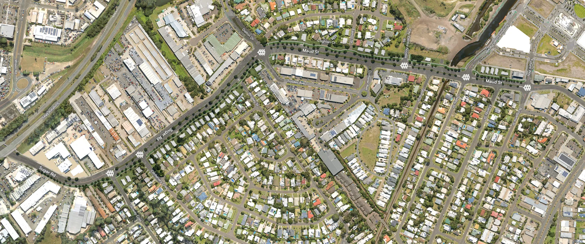 A bird's eye view map of the Sugar Road and Maud Street concept design.