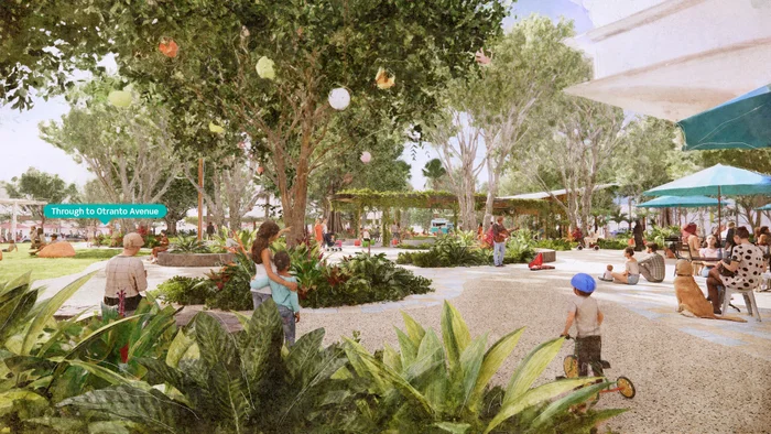 Artist’s impression – View looking north through Felicity Park towards the library.