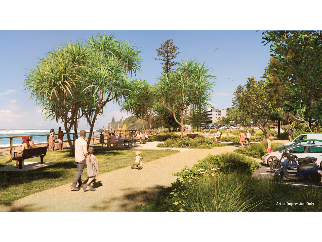 After view of Eleanor Shipley Carpark at Moffat Beach - artist impression. A lively space along the oceanfront with a scenic coastal pathway. People are joyfully walking along the pathway, surrounded by lush green trees and grass. The parking area is well-equipped with spaces for cars, people with disabilities, and e-bikes. The sparkling ocean and vibrant atmosphere make it a delightful spot for everyone.