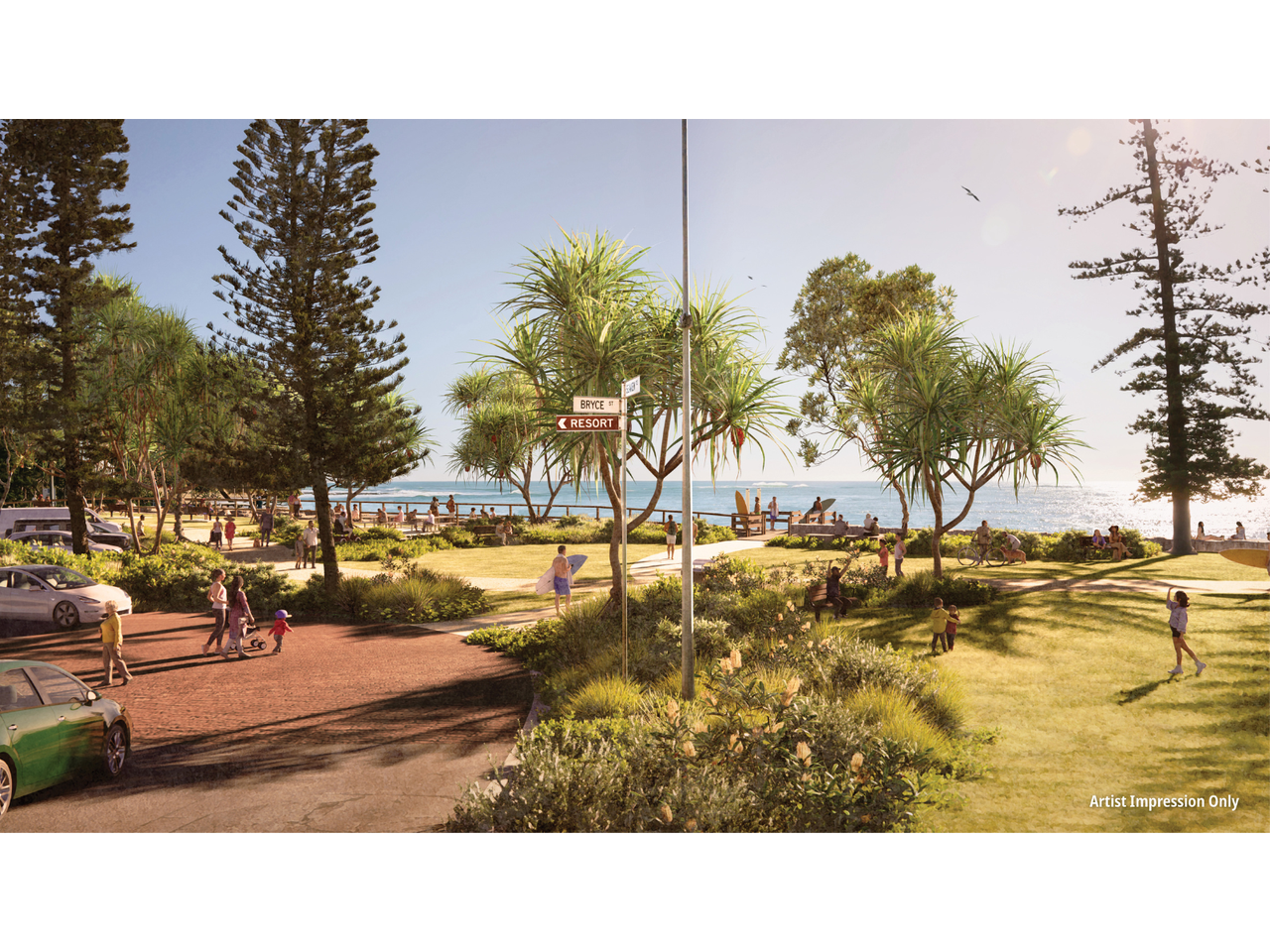 After view of the Eleanor Shipley car - A lively space along the oceanfront with a scenic coastal pathway. People are joyfully walking along the pathway, surrounded by lush green trees and grass. The parking area is well-equipped with spaces for cars, people with disabilities, and e-bikes. The sparkling ocean and vibrant atmosphere make it a delightful spot for everyone.