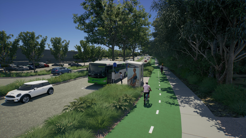 Caloundra Transport Corridor Upgrade graohic artist impression image. Green bike track next to a divider grassed verge with the road. A public green and white bus at a bus stop. A white car is passing by. 