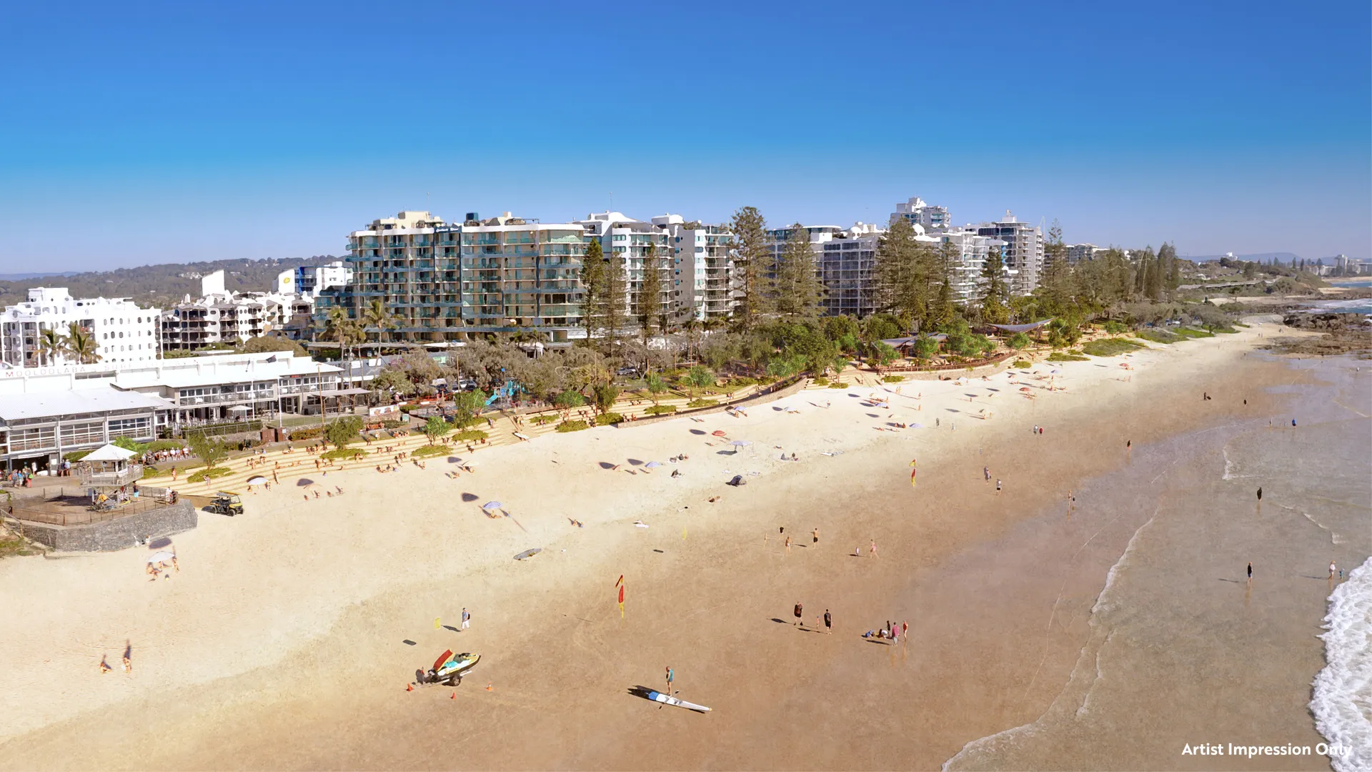 Graphical representation of design of terraced seawall integrated from Brisbane Road to Surf Club.