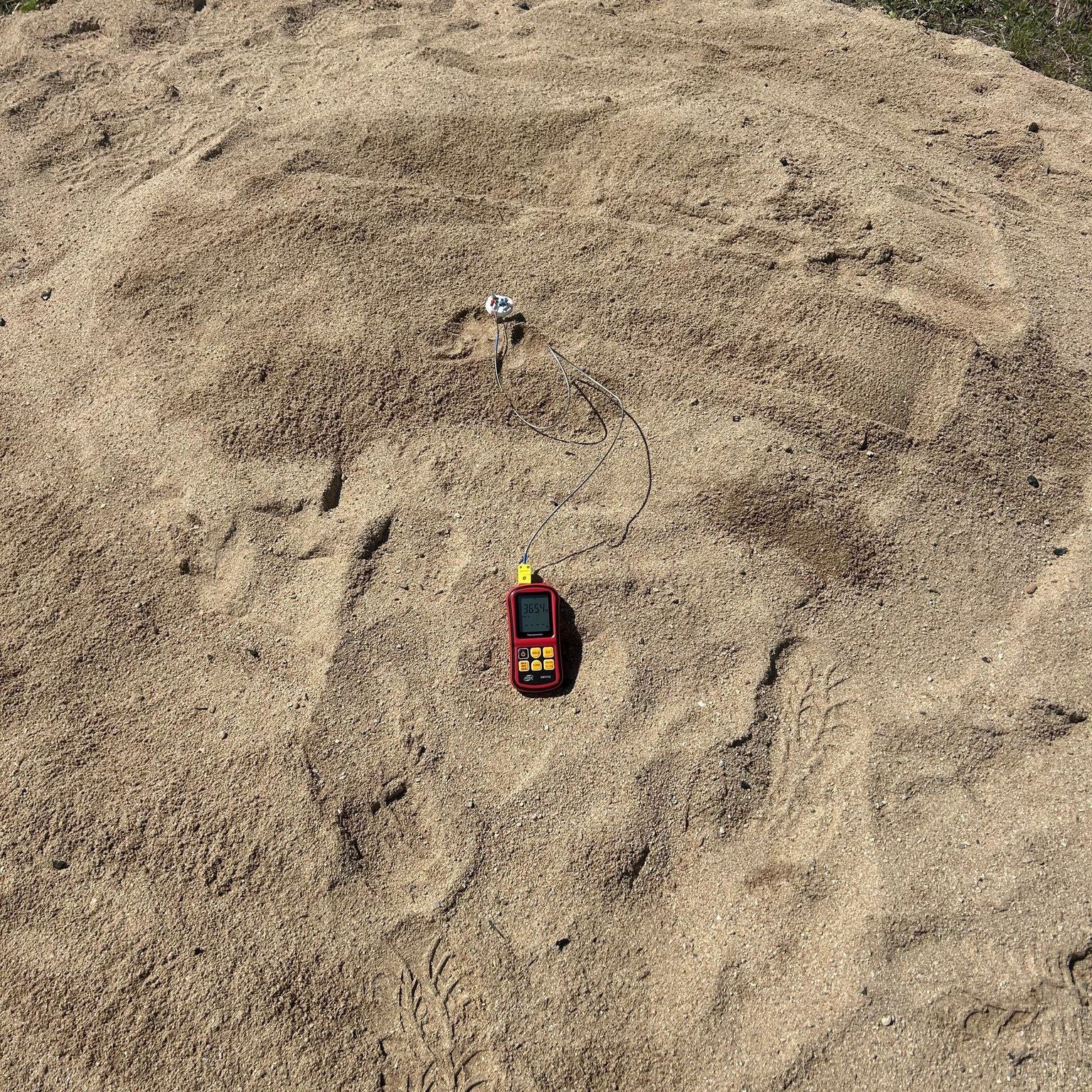 pit dug onto beach showing a temperature gauge in the centre
