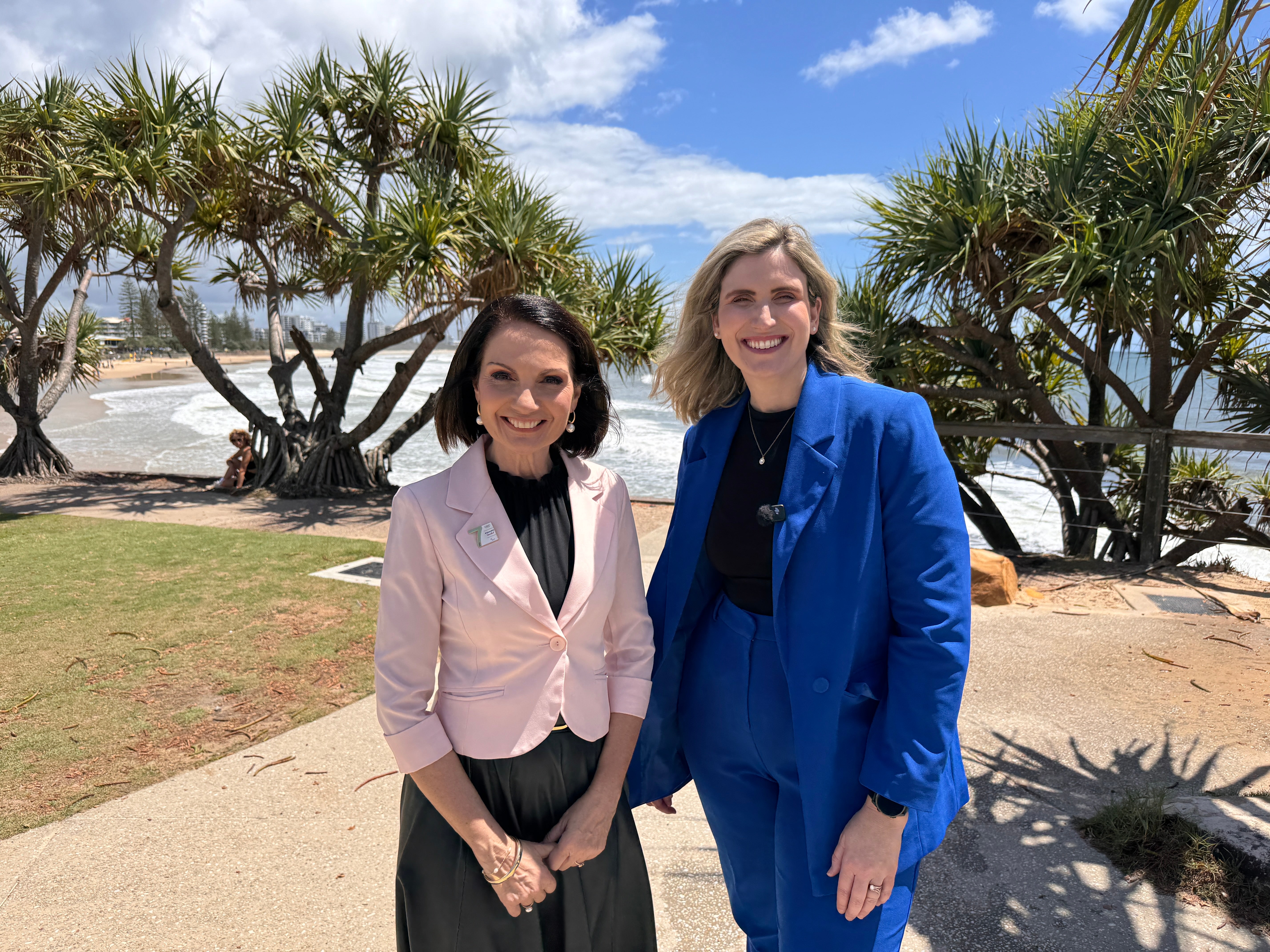Mayor Rosanna Natoli and Queensland Senator Corinne Mulholland on site at Alex Headland. 