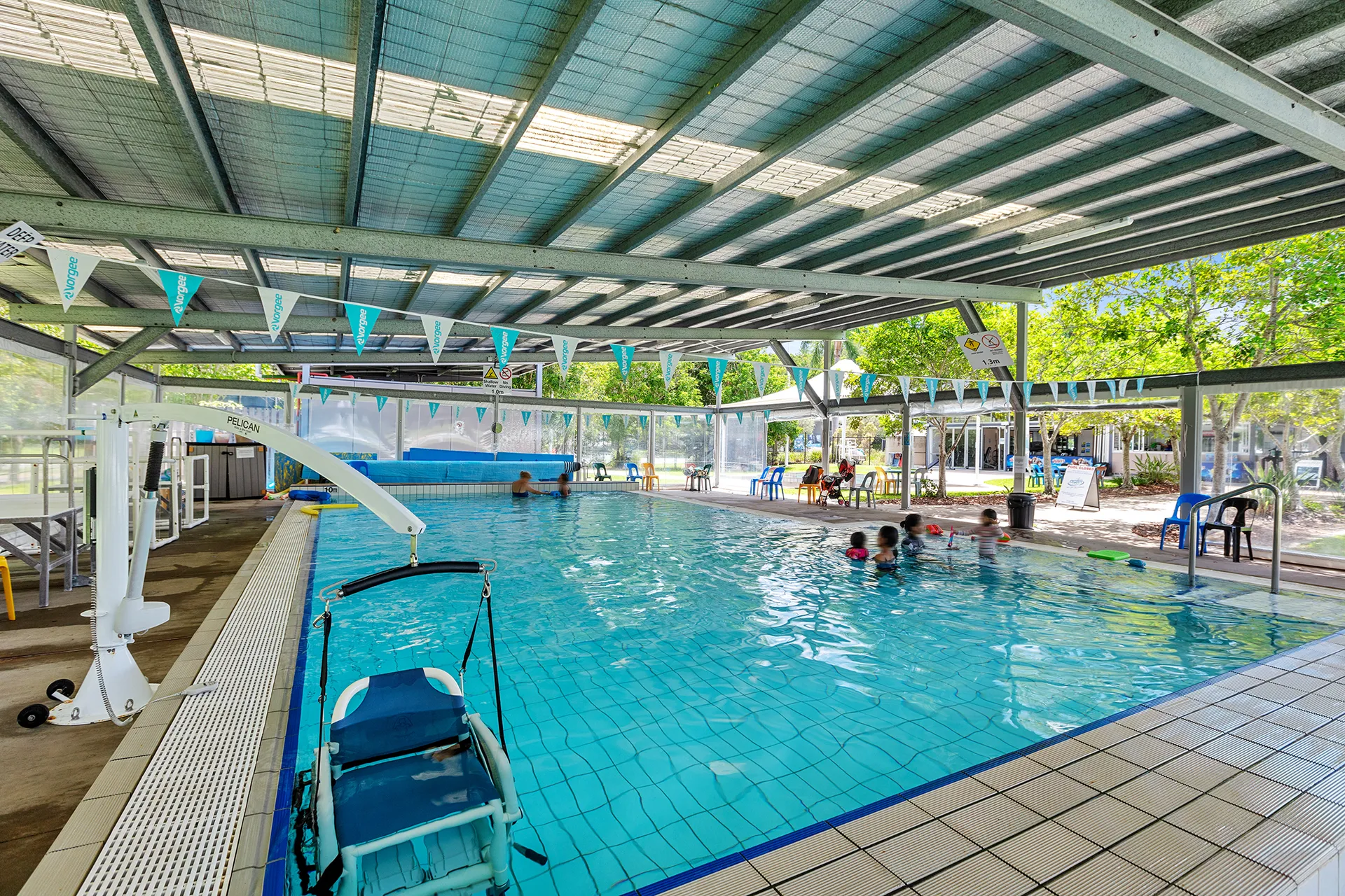 Eumundi Aquatic pool area with chair lift in the pool, left hand front corner