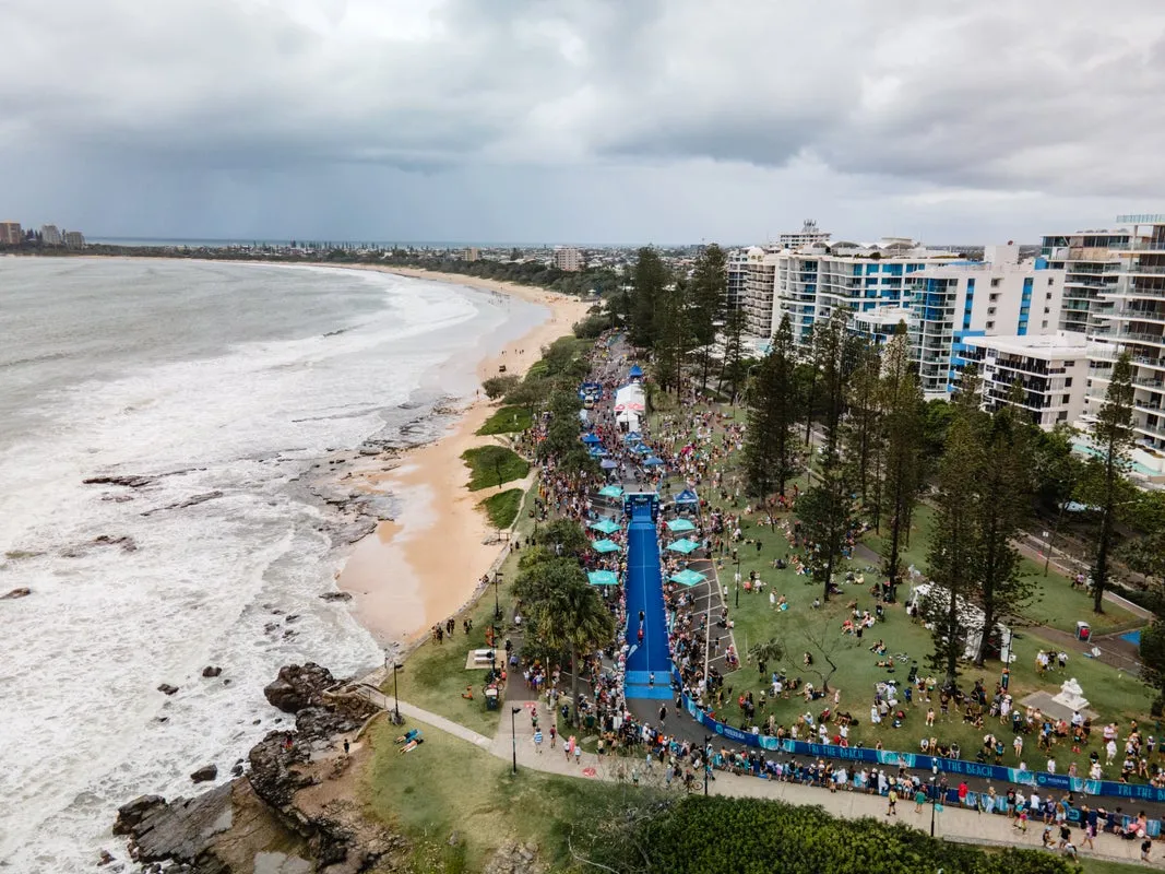 An aerial view of the Mooloolaba Triathlon finish line chute.