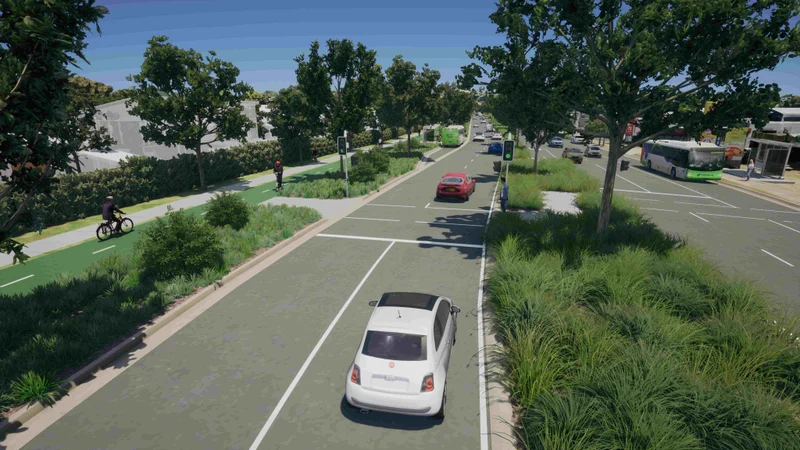 An artist's impression of what the upgraded design would look like on Sugar Road, shows more trees, a shady bike and walking path, a pedestrian crossing, bus stop and wider, multiple lanes for traffic.