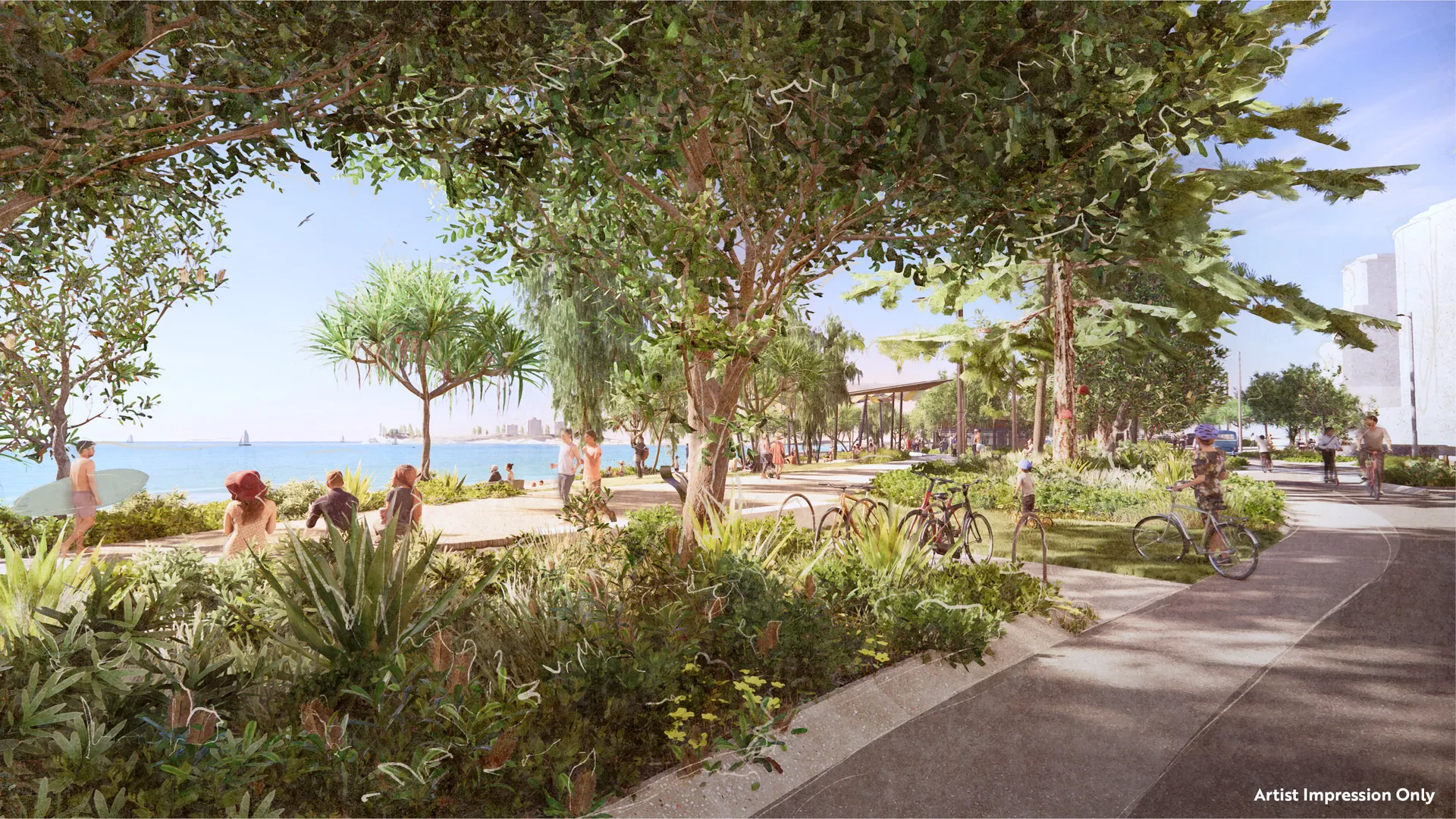 Graphical representation of design of the Central Meeting Place with increased beachfront parkland and new wider pathways to allow for improved connectivity along the foreshore.