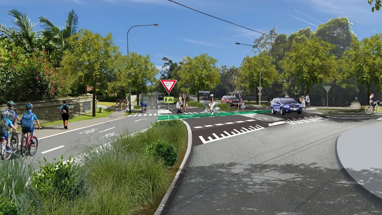 Artist impression of a streetscape concept for Karawatha Drive and Golf Links Drive as part of the Mooloolaba to University Active Transport Corridor.