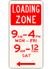 Loading Zone sign with red arrow pointing left with days and times.