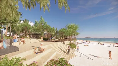 Graphical representation of design of terraced seawall providing easier access to the beach with additional places to sit and relax under shade trees and enjoy the stunning ocean views.