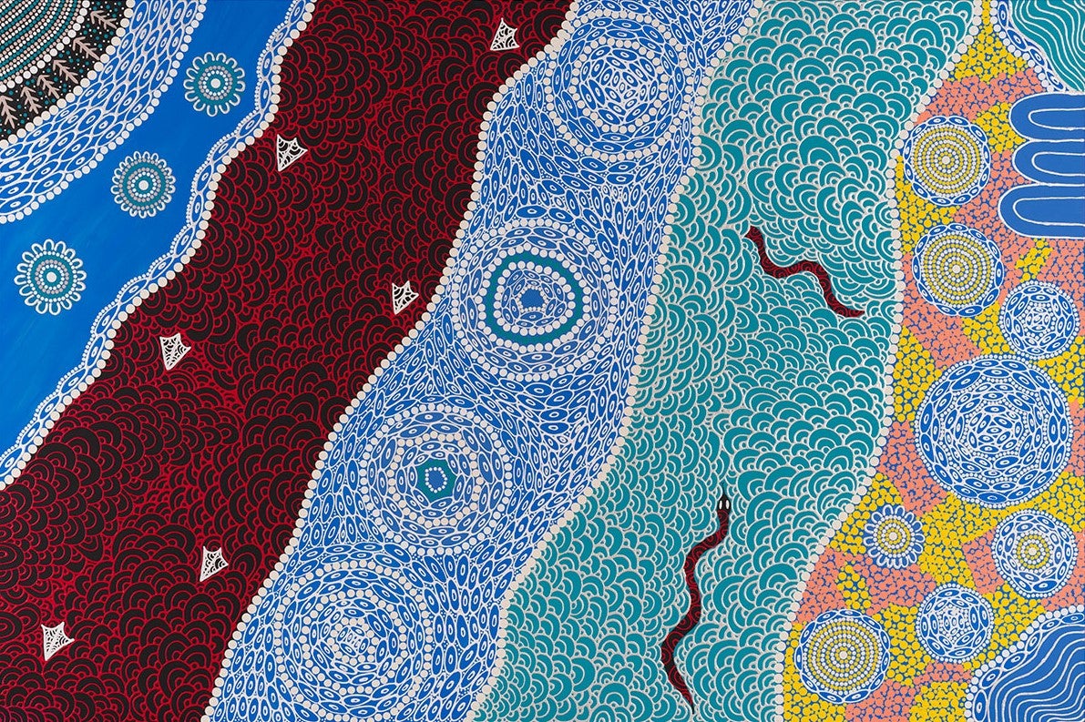 Zartisha Davis (Kabi Kabi/Butchulla/Cobble Cobble) | Kabi Kabi Djagan | 2024 | acrylic on canvas | 101.5 x 152.5cm. Commissioned by First Nations Partnerships, Sunshine Coast Council, 2024. Sunshine Coast Art Collection. Photo by Vivid Photography.