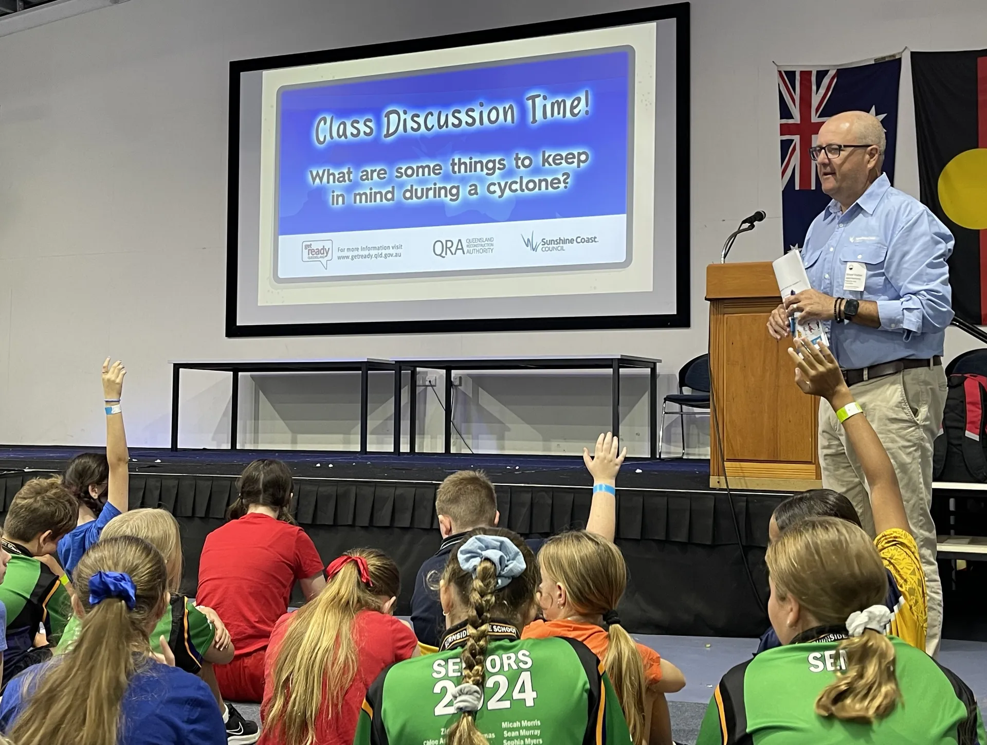 Council's Disaster Management Coordinator Jason Membrey presenting to a group of students.