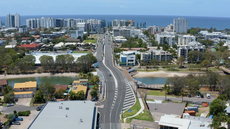 Brisbane Road looking from Mayes Canal Bridge towards Mooloolaba Beach.