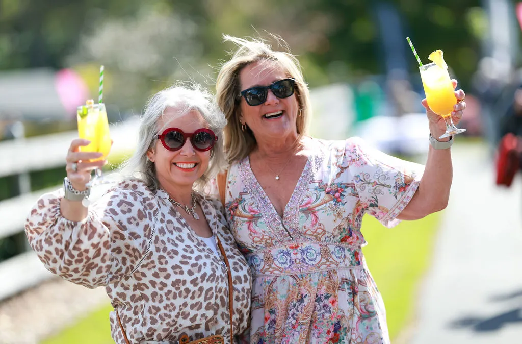 Two ladies smiling and holding up a cocktail glass