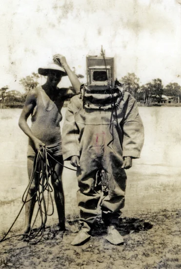 Terry Allen in a home made diving suit