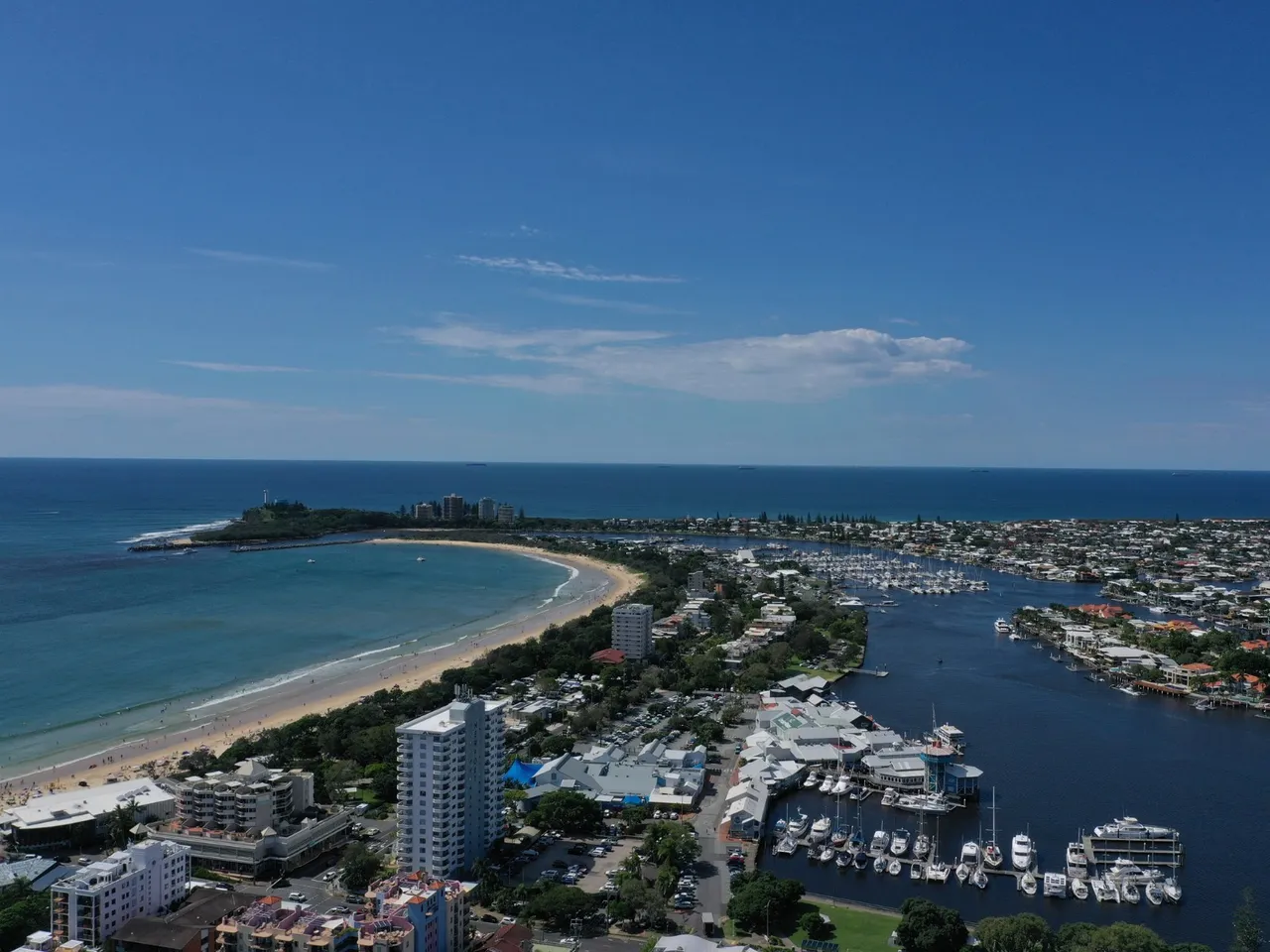 Mooloolaba city aerial drone image of headland and canals and boats