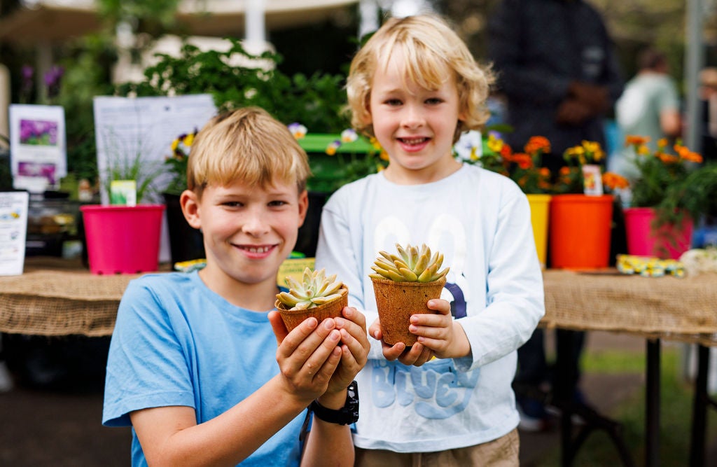 Two children holding small succulent pot plants.