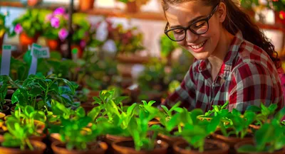 Young woman looking at plants
