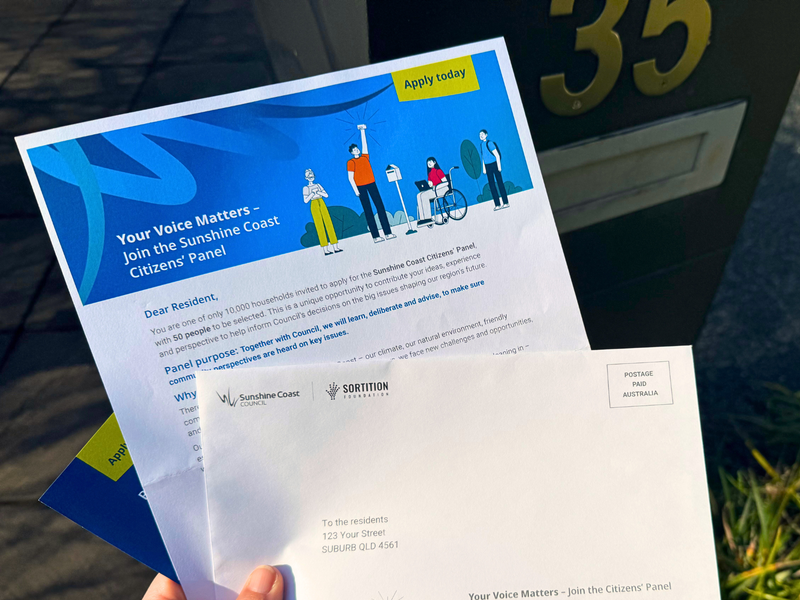 A letter and envelope, headed with "Your Voice Matters - Join the Sunshine Coast Citizens' Panel".