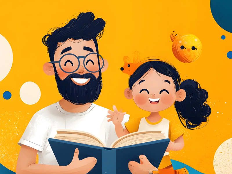 An illustration of a father and young child reading together.