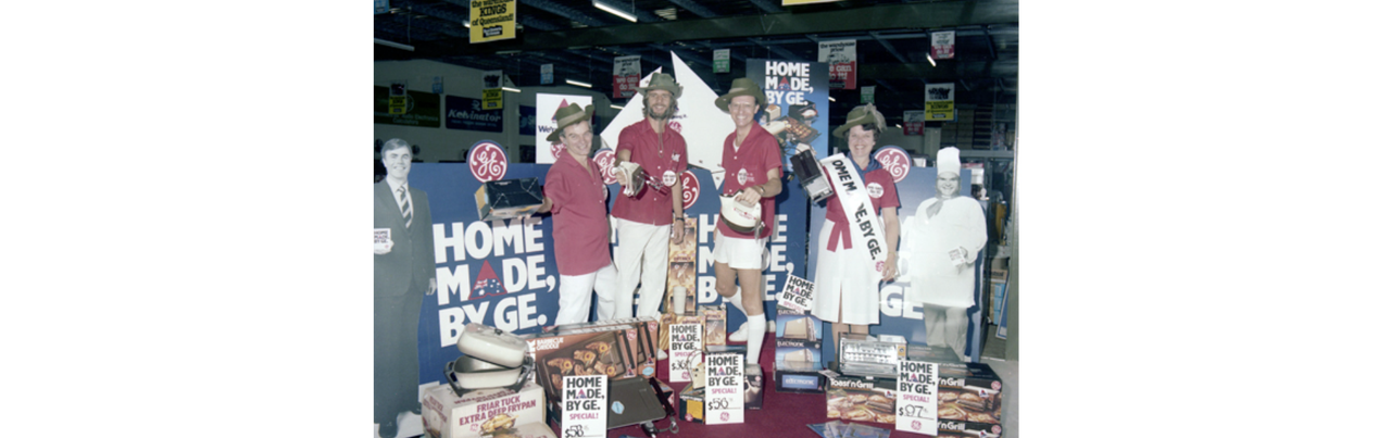 Errol Stewarts Warehouse staff and advertisting display, Maroochydore, July 1983_Picture Sunshine Coast