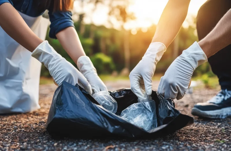 Two sets of hands holding a black bin bag filling it with rubbish. White rubber gloves to protect the people from dirt.