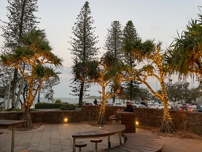 Bench seating in Mooloolaba crafted from old bridges.