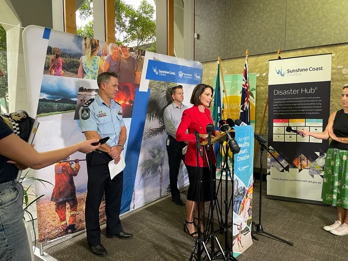 Sunshine Coast Mayor Rosanna Natoli, Queensland Deputy Premier Jarrod Bleijie and Queensland Police Service Superintendent Craig Hawkins addressing the media. 