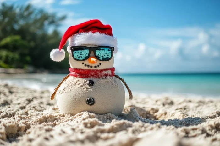 Image AI generated. Of a sand snowman wearing a red santa hat with the sea and beach in the distance.