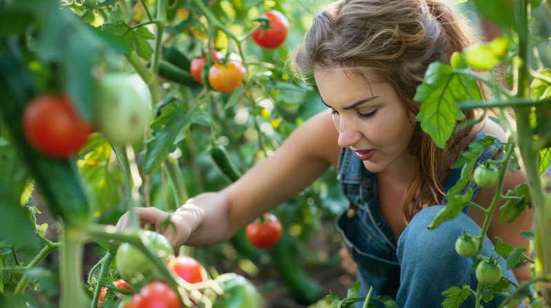 young woman staking tomato plants