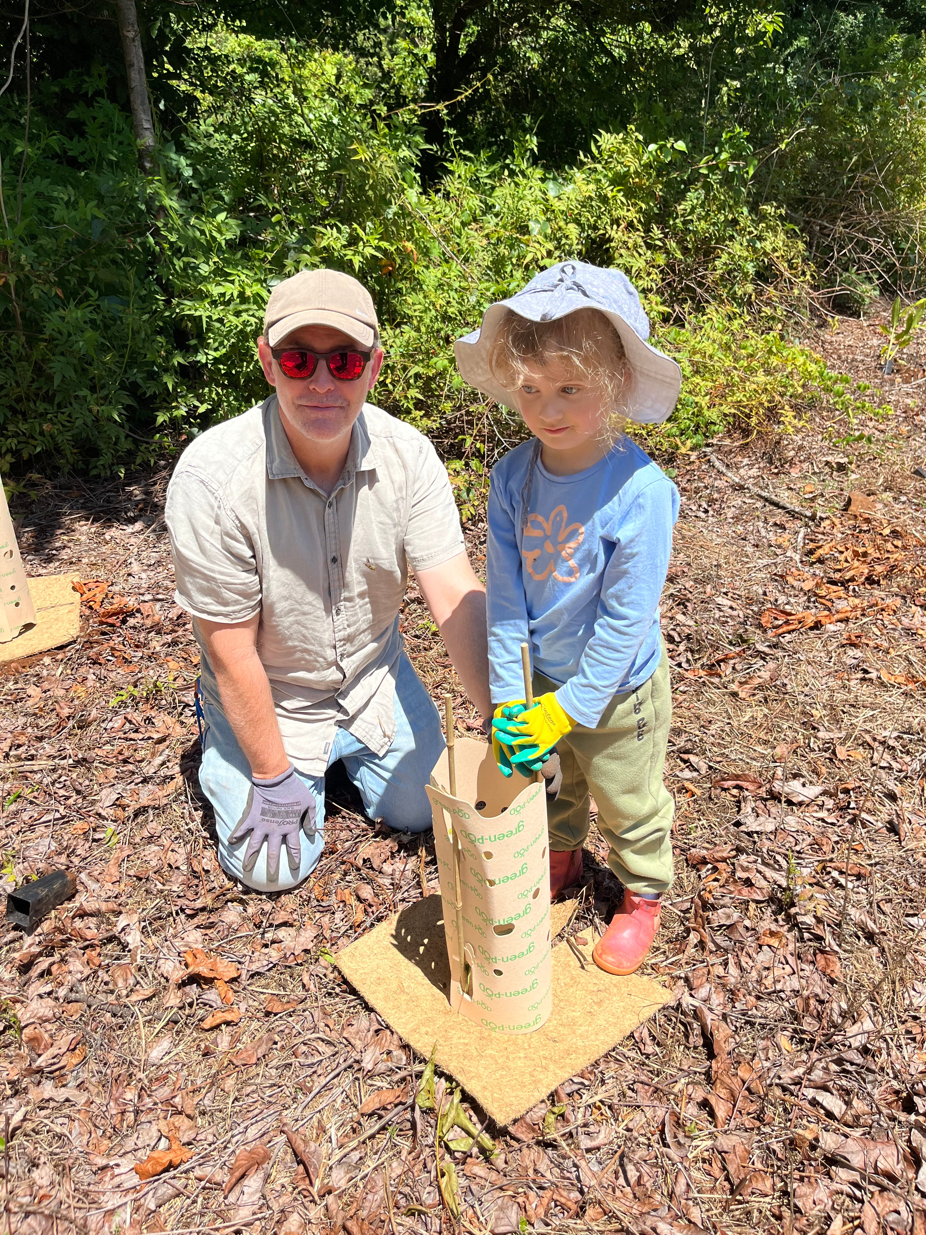 A man helps a young girl install a plant shield.