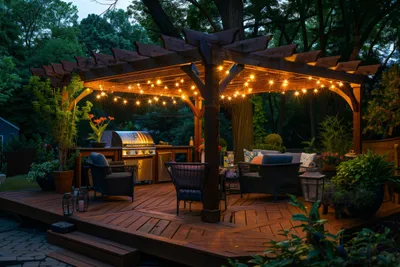 Deck with pergola at night with lights strung from the rafters