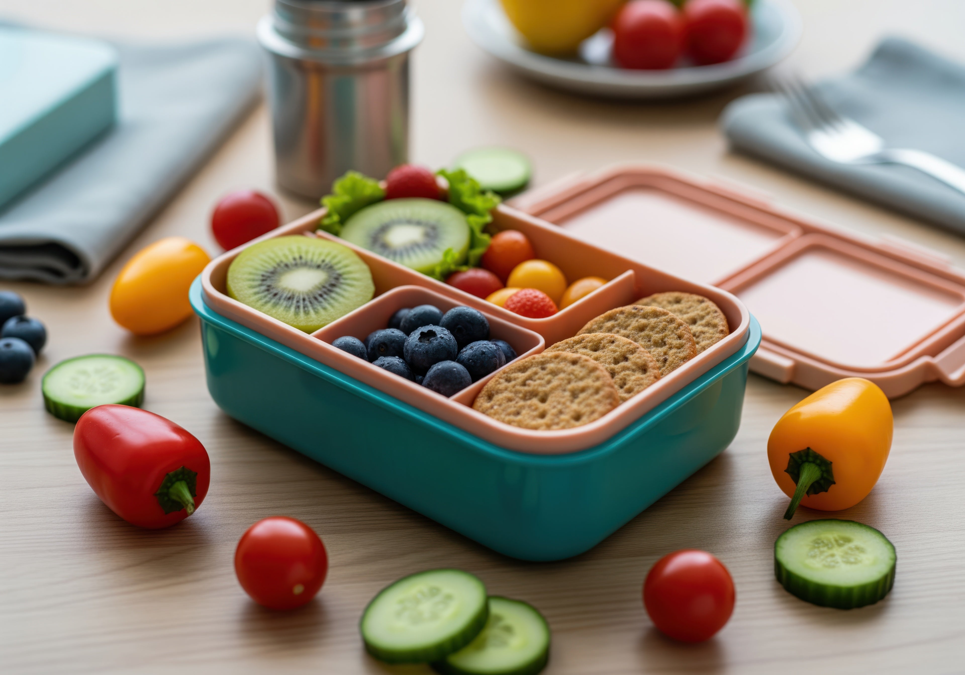 Healthy packed lunch box with fresh fruit_vegetables_and crackers