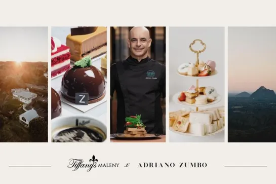 Postcard featuring Tiffany's Maleny, desserts, Adriano Zumbo, High Tea platter, Glass House Mountains